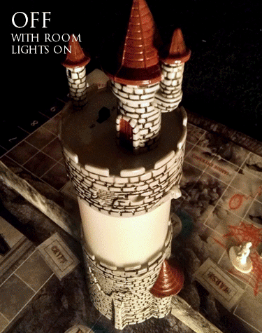 The Vampire's tower with blue (night) and red (day) light.