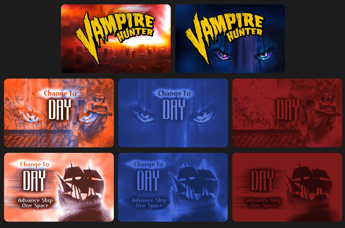 Front and back card designs. Left is normal light. Middle is blue 'night' light. Right is red 'day' light.