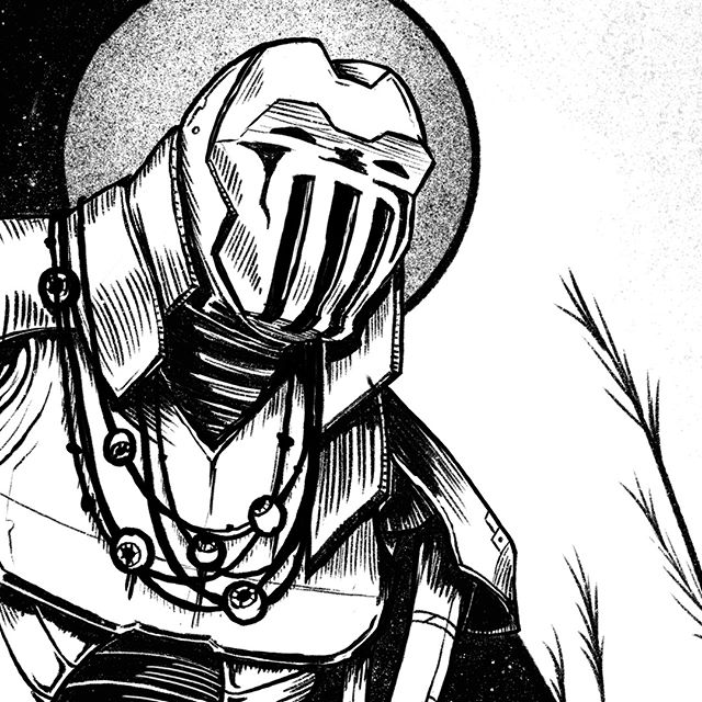 Since I posted my #ornament #inktober yesterday (oops), here's a detail shot of it. ⁠
⁠
The Model Y7 Hunters are lethal human hunters with a disturbing glitch. They collect the eyes and teeth of it's victims and wear them as #ornaments or trophies.⁠