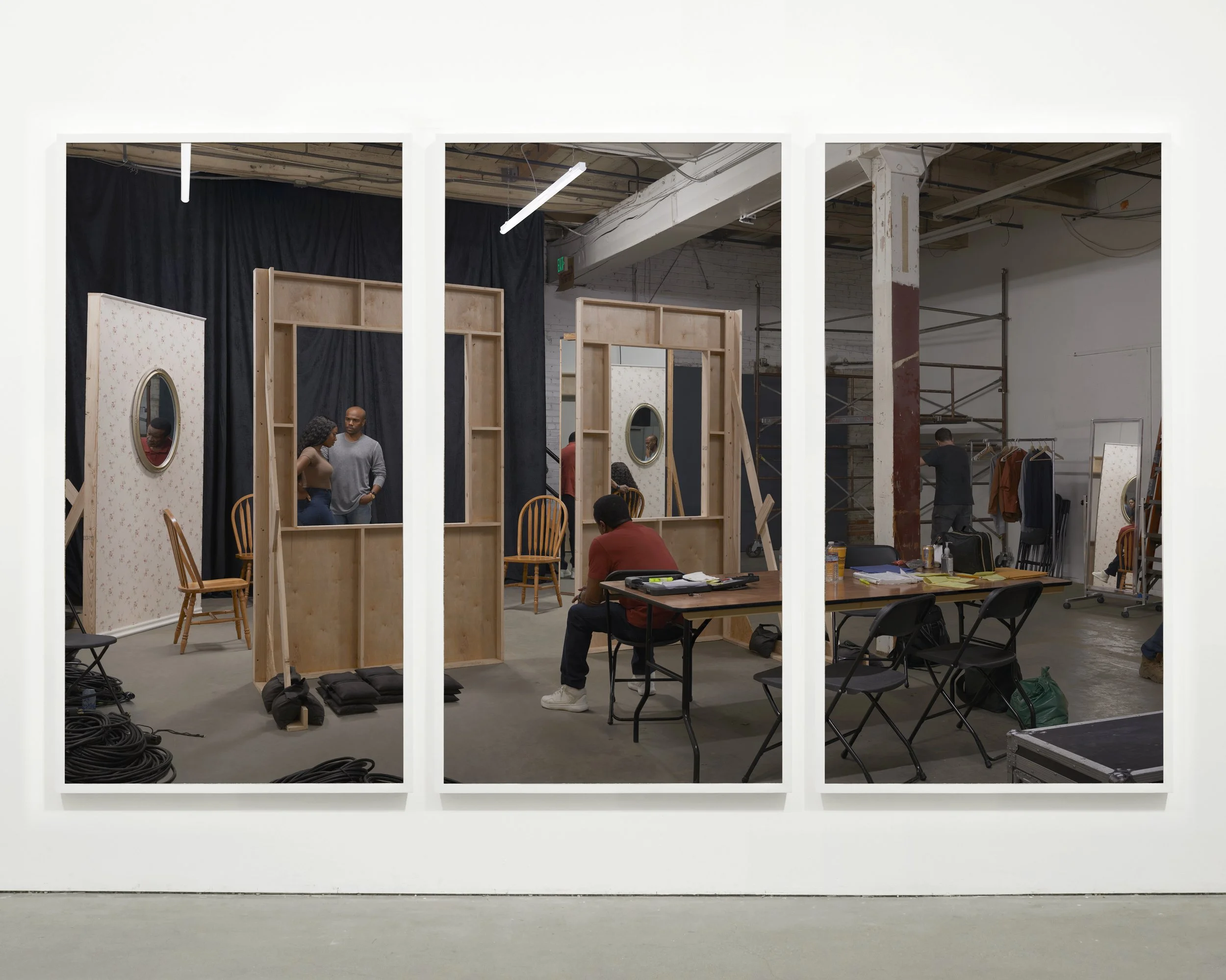  “Rehearsal II”, 2022-2025  Triptych, 75.125 x 120 in (190.82 x 304.80 cm)  Each panel 76.35 x 40 in. (190.82 × 101.60 cm) 