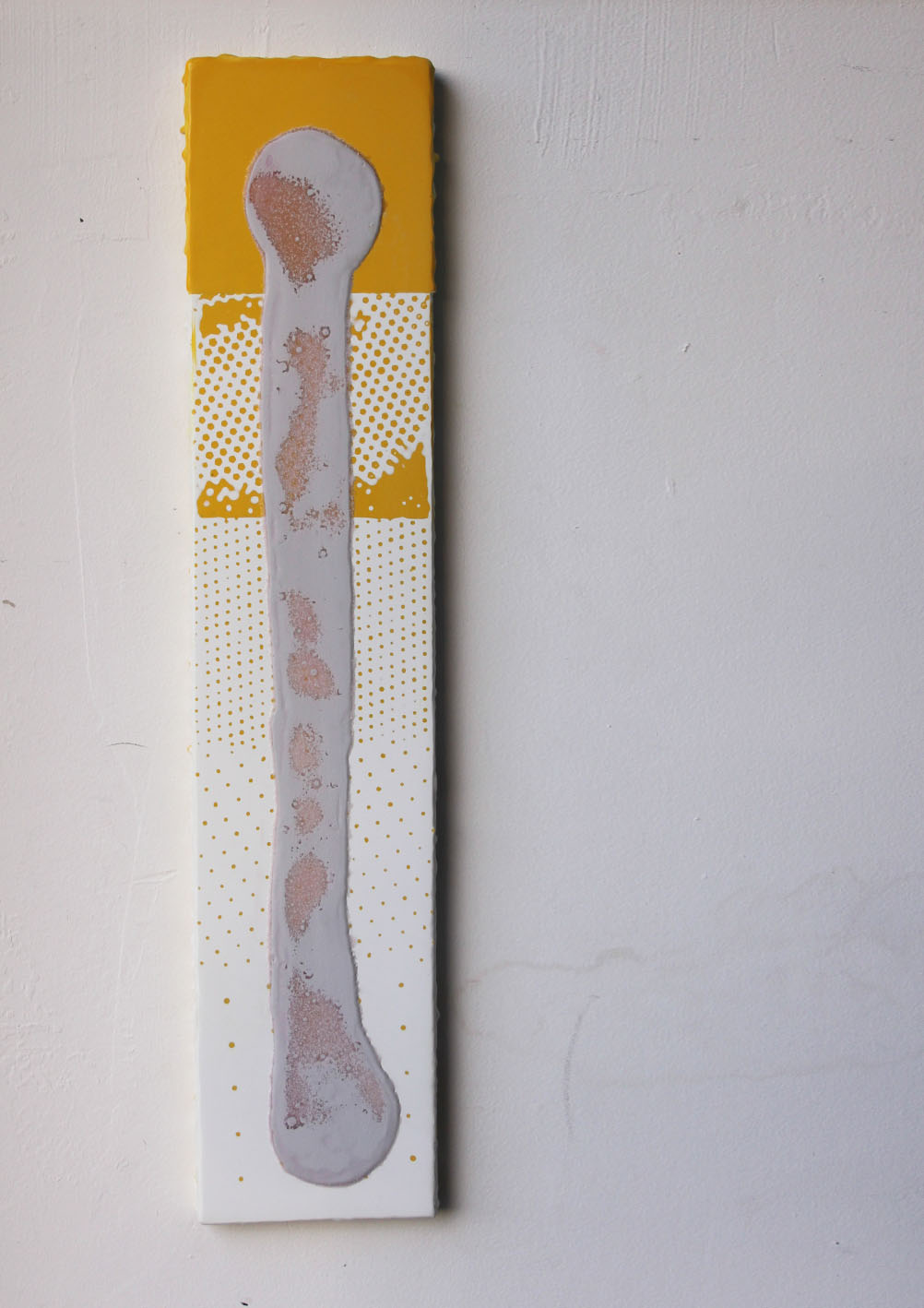 Sticky Coloured Polyester resins on board This is the first time that I have experimented with adding a 3D surface to the surface. It's a painting of the glue that sticks tabs together and which sometimes occludes the registration marks. A celebration of the minor essentials that help to construct the everyday items that embellish the products we consume.