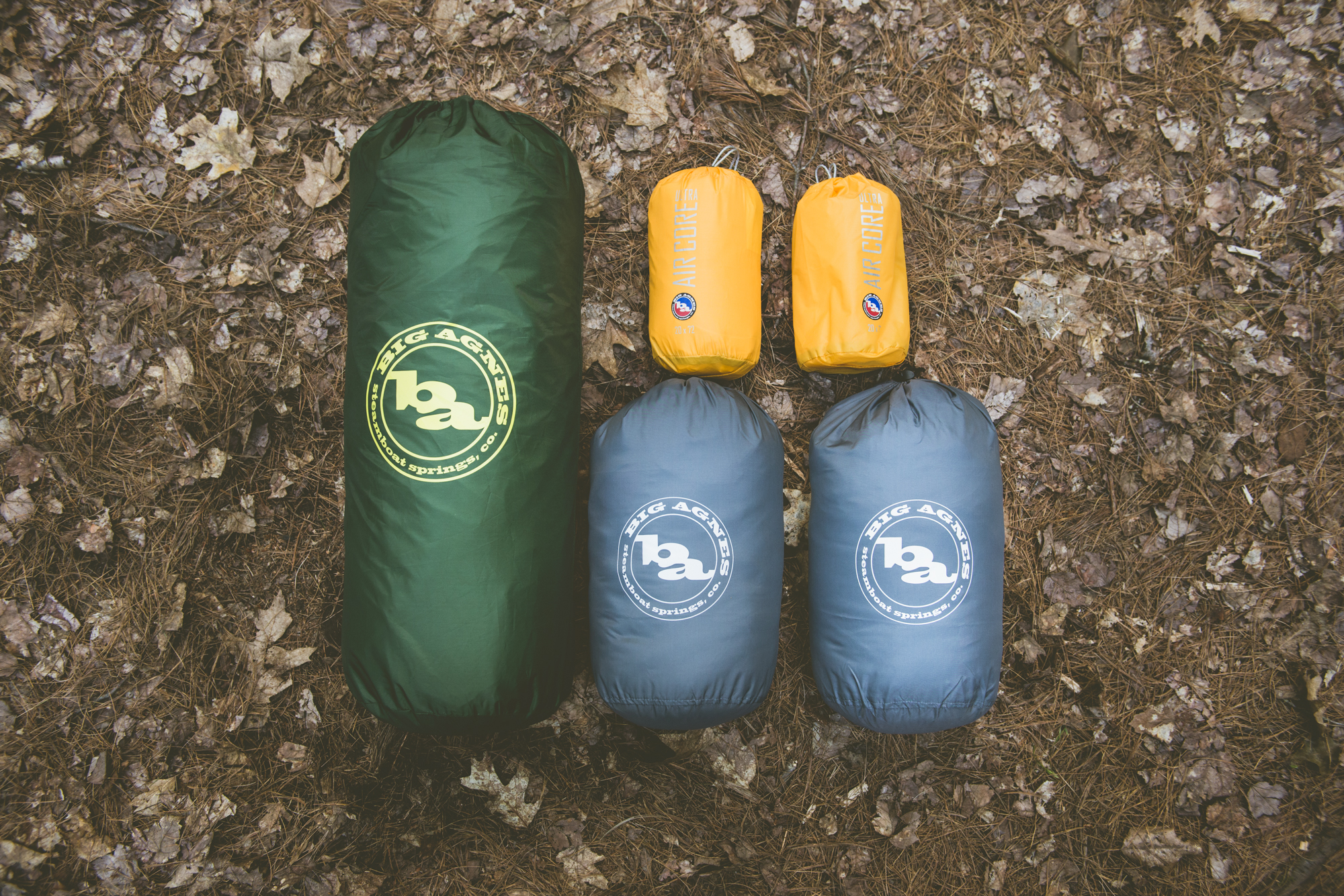 Awesome sleeping gear by Big Agnes. Green: Tent. Yellow: Sleeping pads. Gray: Sleeping bags
