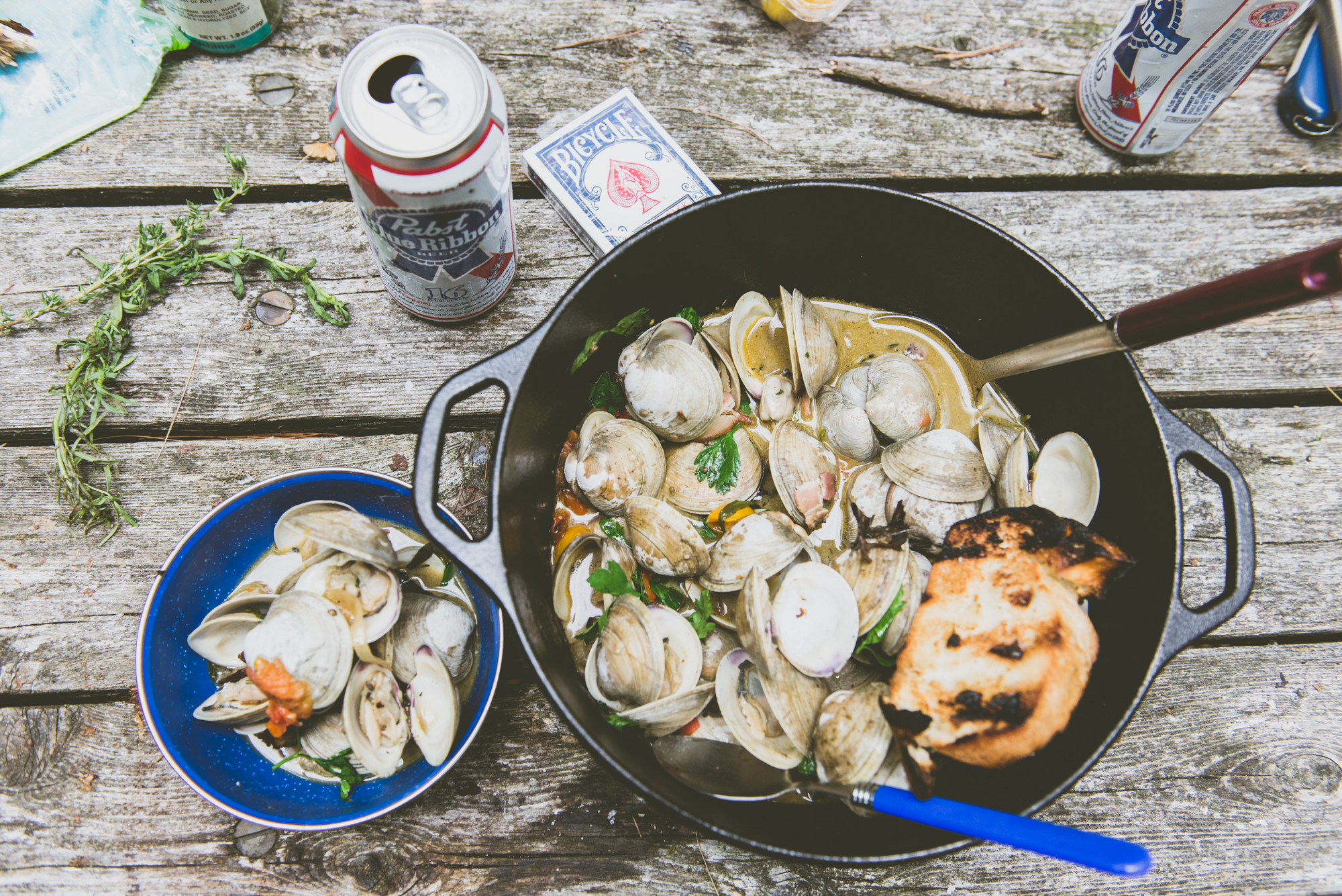 Main course! (For Matt, no animals for me) Pot of clams with bacon, tomatoes, onions, parsley, and crispy crunchy bread.