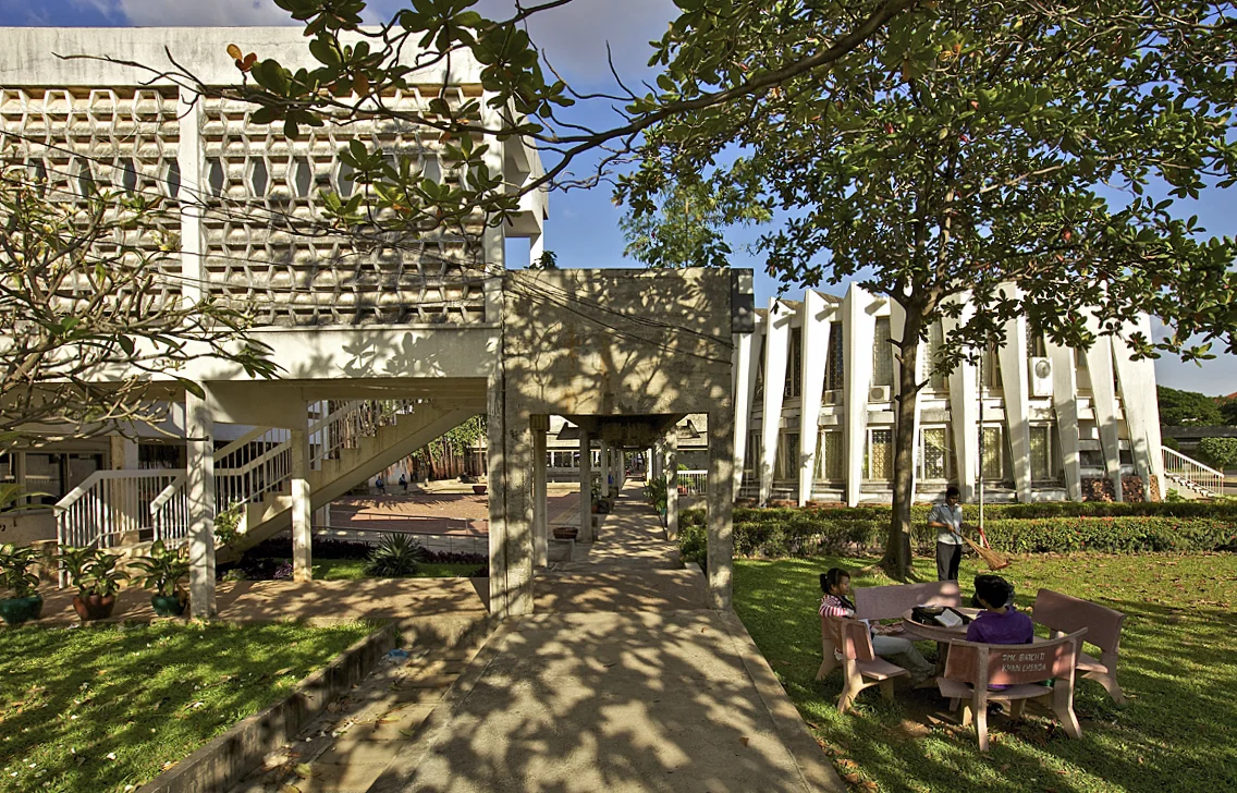 part of the royal university of phnom penh, phnom penh, cambodia. the university, with buildings designed by local architect vann molyvann, opened in 1960 and currently serves around 12,000 under- and post-graduate students.