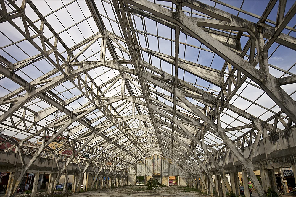 the roof skeleton of the old kampot market, southern cambodia.