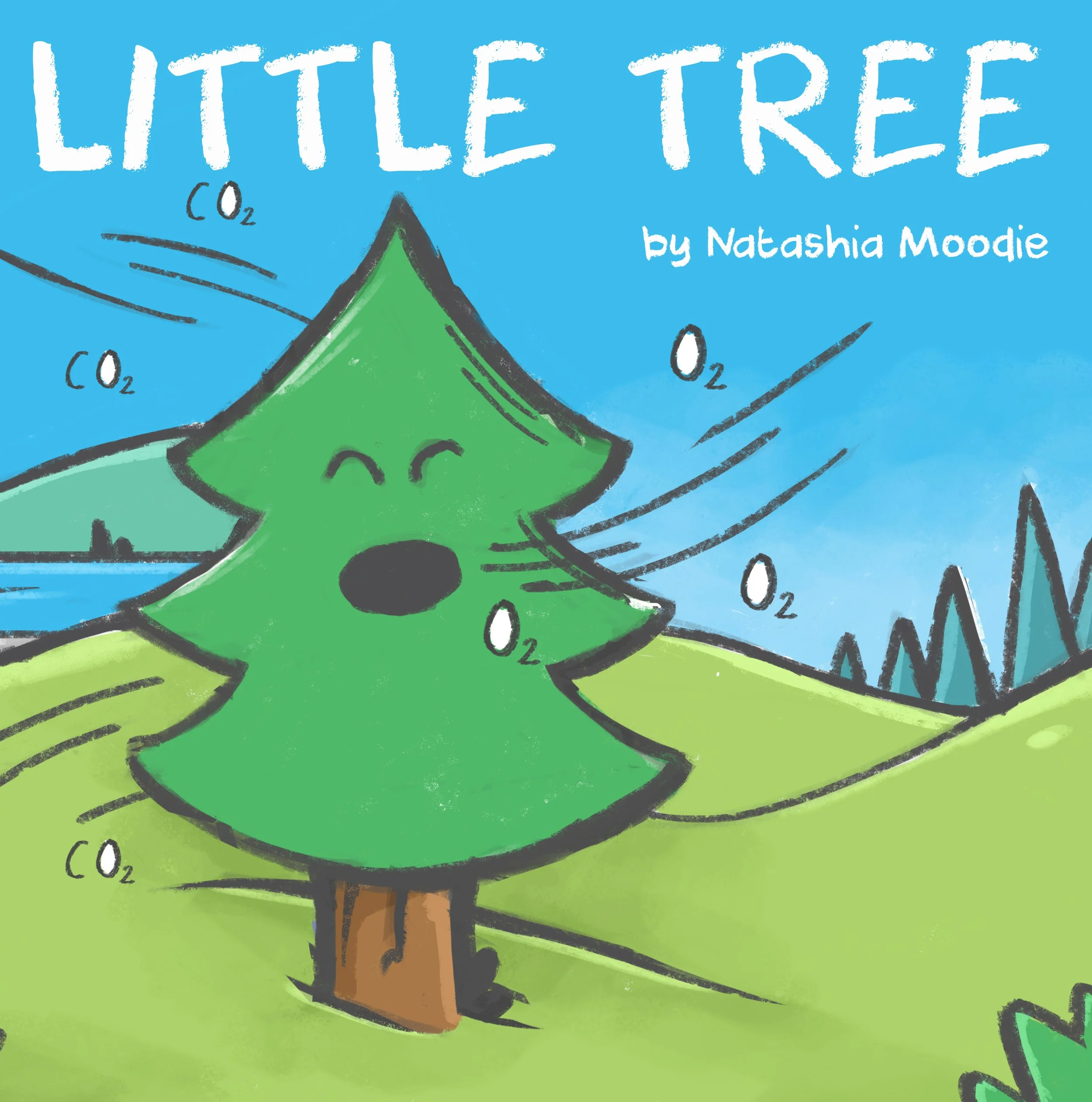 Illustration of a smiling green cartoon tree on a hill with "CO2" and "O2" symbols, representing carbon dioxide and oxygen. The sky is blue, and the title "Little Tree by Natashia Moodie" is at the top.