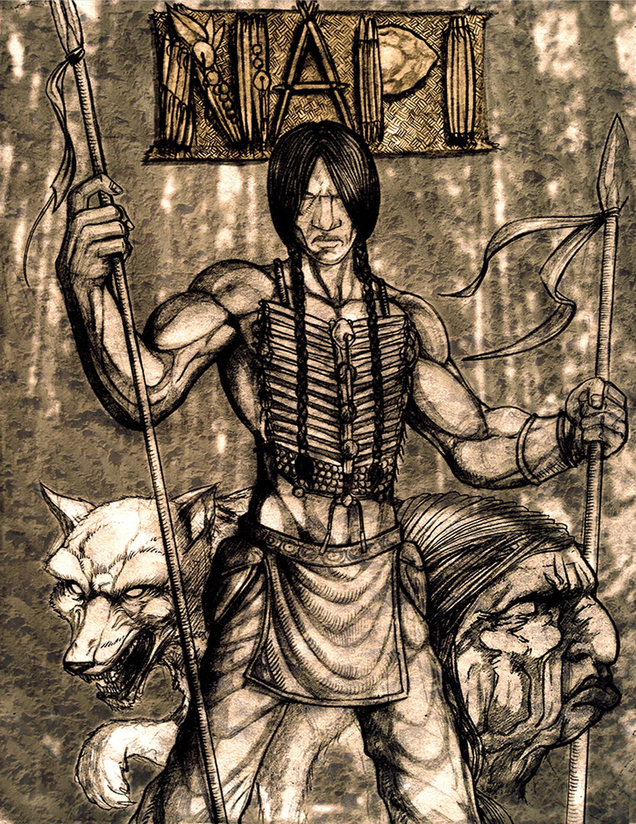 Illustration of a muscular figure holding a spear, with long hair and traditional attire, accompanied by a wolf and a tribal elder's face; background features the word 'NAPI.'