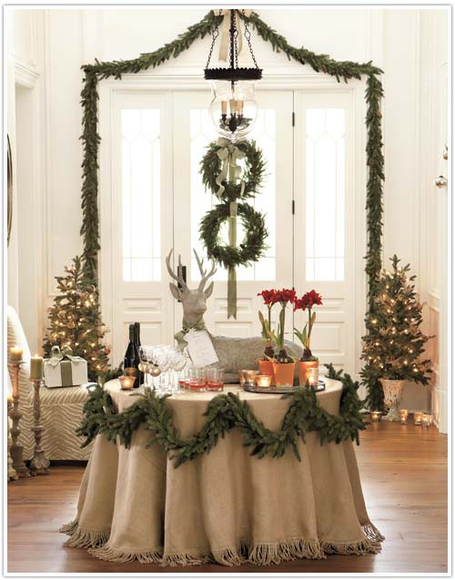 Article + Gallery ➤ http://CARLAASTON.com/designed/decorating-with-burlap For The Love Of Burlap | The Holiday's Hottest Decorating Tool (Image Source: Ballard Style Studio - KWs: decor, tutorial, DIY, Christmas, table cloth)