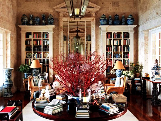 Perfect use of the blue and whites, all close together. Home of Oscar de la Renta, Image via: Mark Sikes