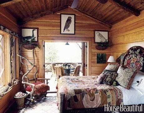 Wood plank paneling on ceiling and walls | Designer: Mimi Maddock McMakin, Image via: House Beautiful