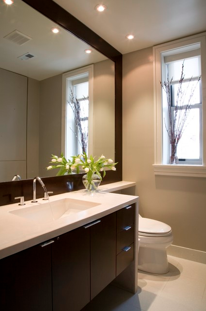 Personally, I love an exceptionally tall mirror in a space, because it adds height and feels luxurious. I love a horizontal mirror too, especially when we are trying to achieve a zen or modern look in a bathroom. | Design -er: FORMA Design