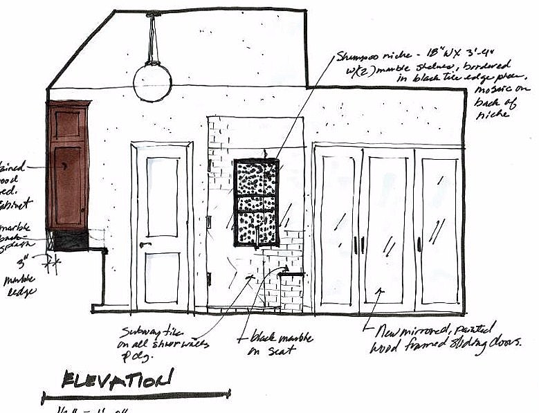 Drawn interior design plan (vintage bathroom remodel) by Carla Aston