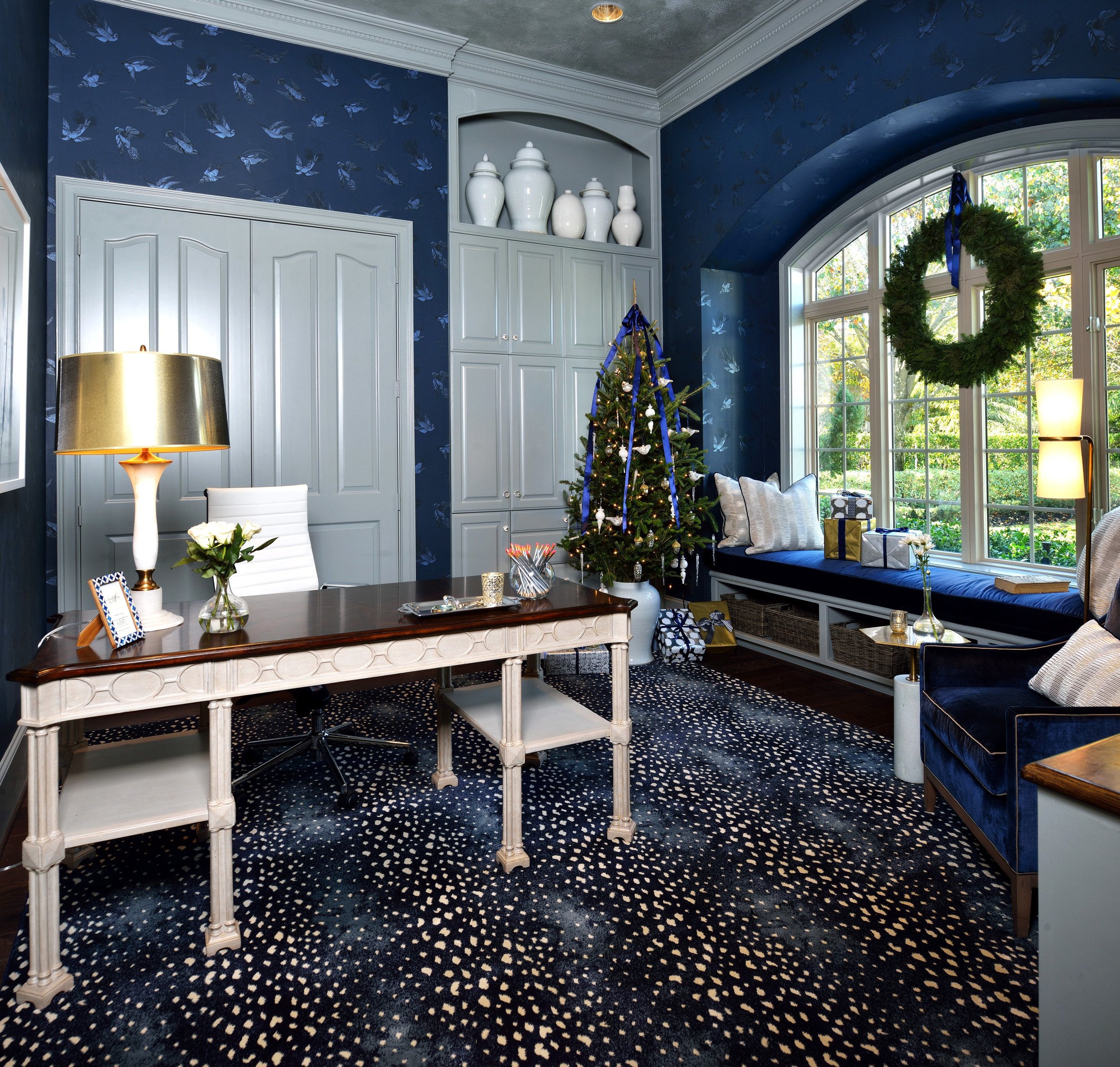 Designer: Carla Aston, Holiday Showhouse Feminine Home Office w/ custom rug cut to fit by Stark