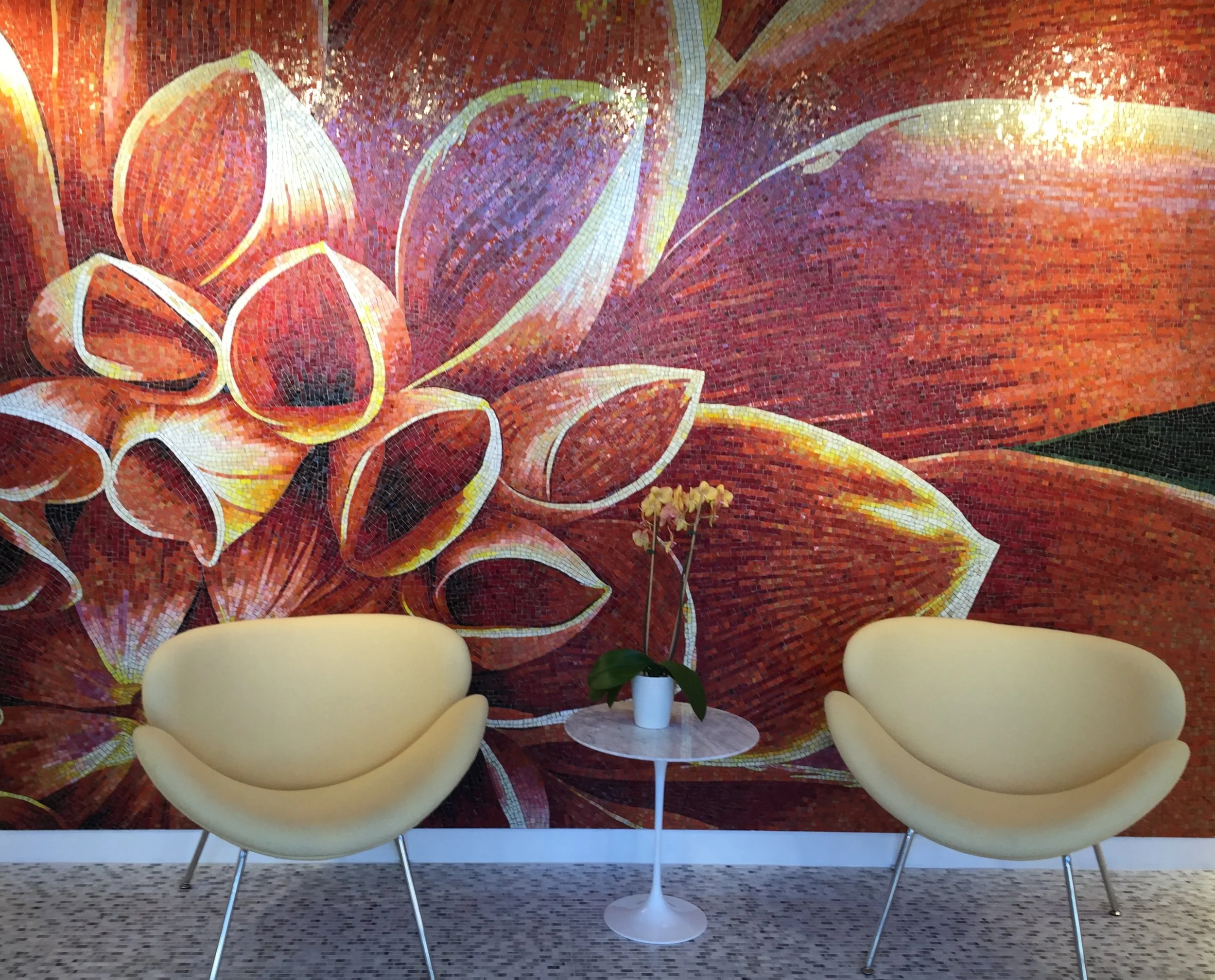 The dahlia mosaic tile mural at Daltile, San Francisco