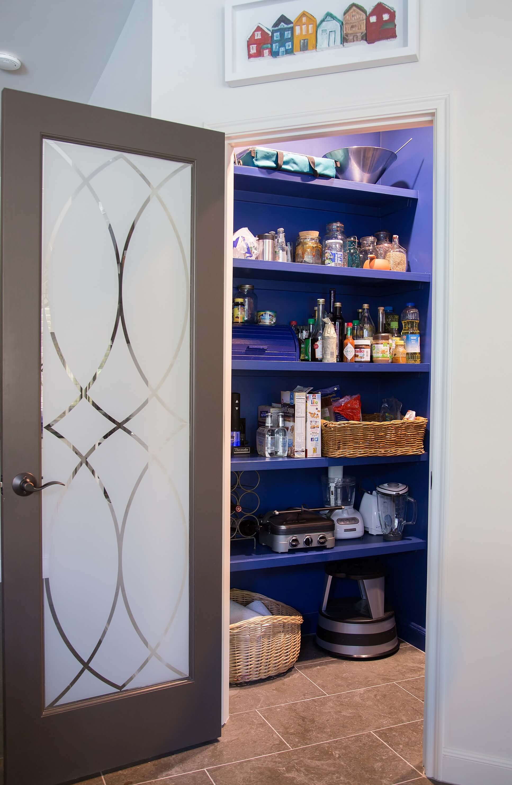 New indigo blue pantry w/ etched glass look French door - pattern done in window film, Before and after kitchen remodel, Carla Aston - Designer