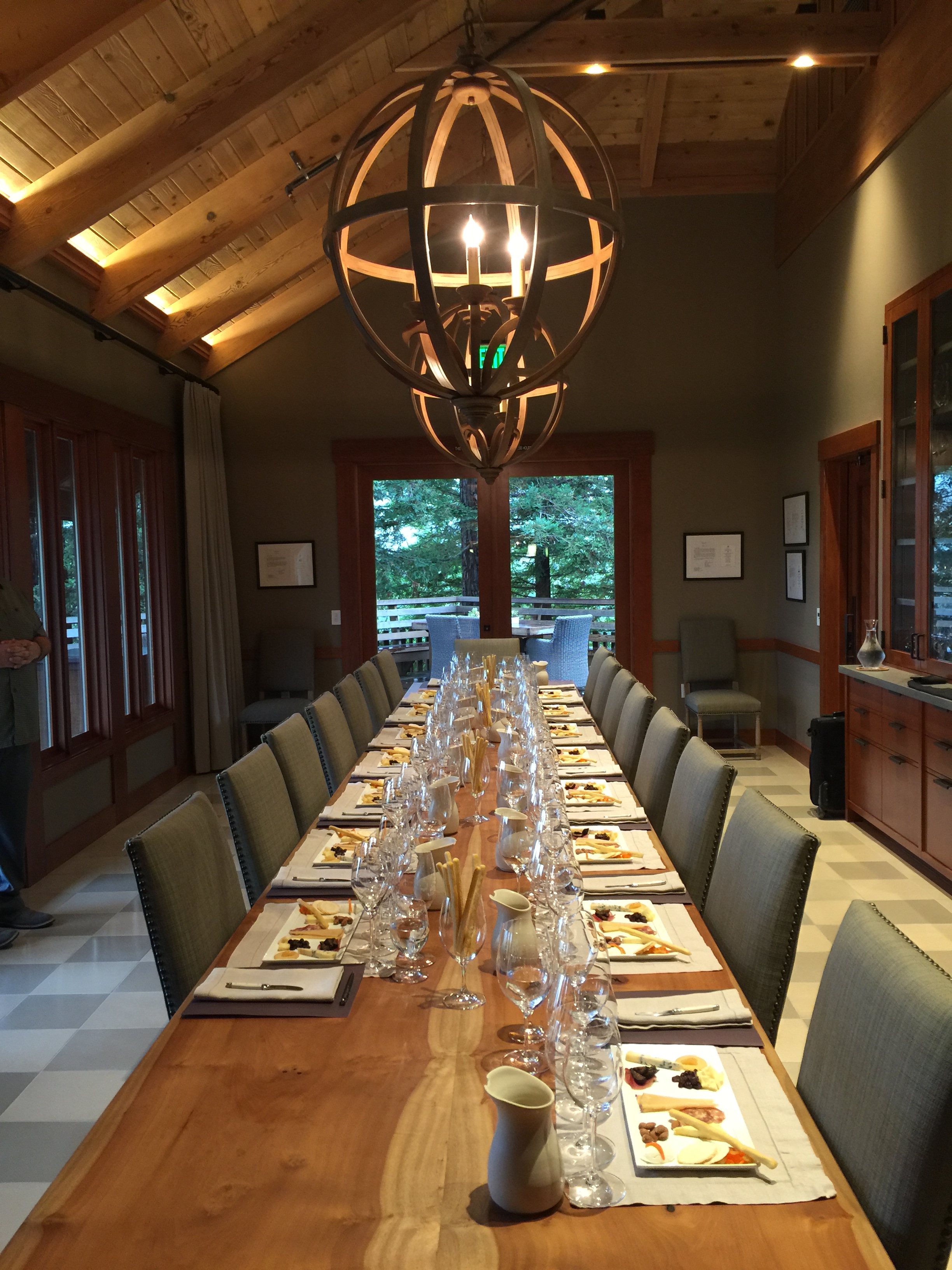 Our tasting room was all prepared. Love all the wood details and subtle checkerboard floor. That table! 