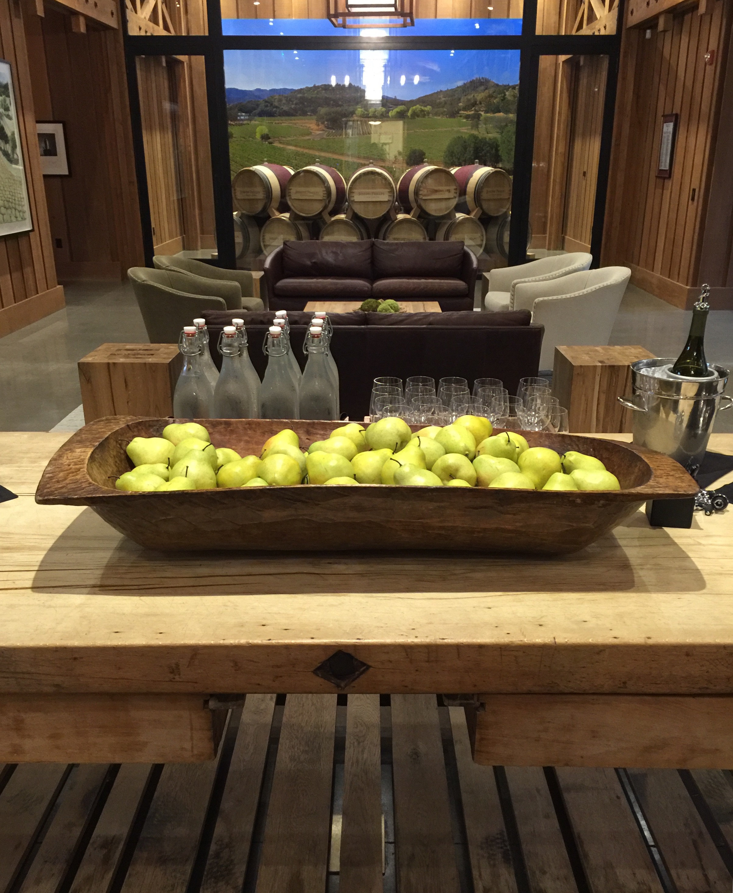 The Great Hall at Joseph Phelps Vineyard Winery with view of The Barrel Room