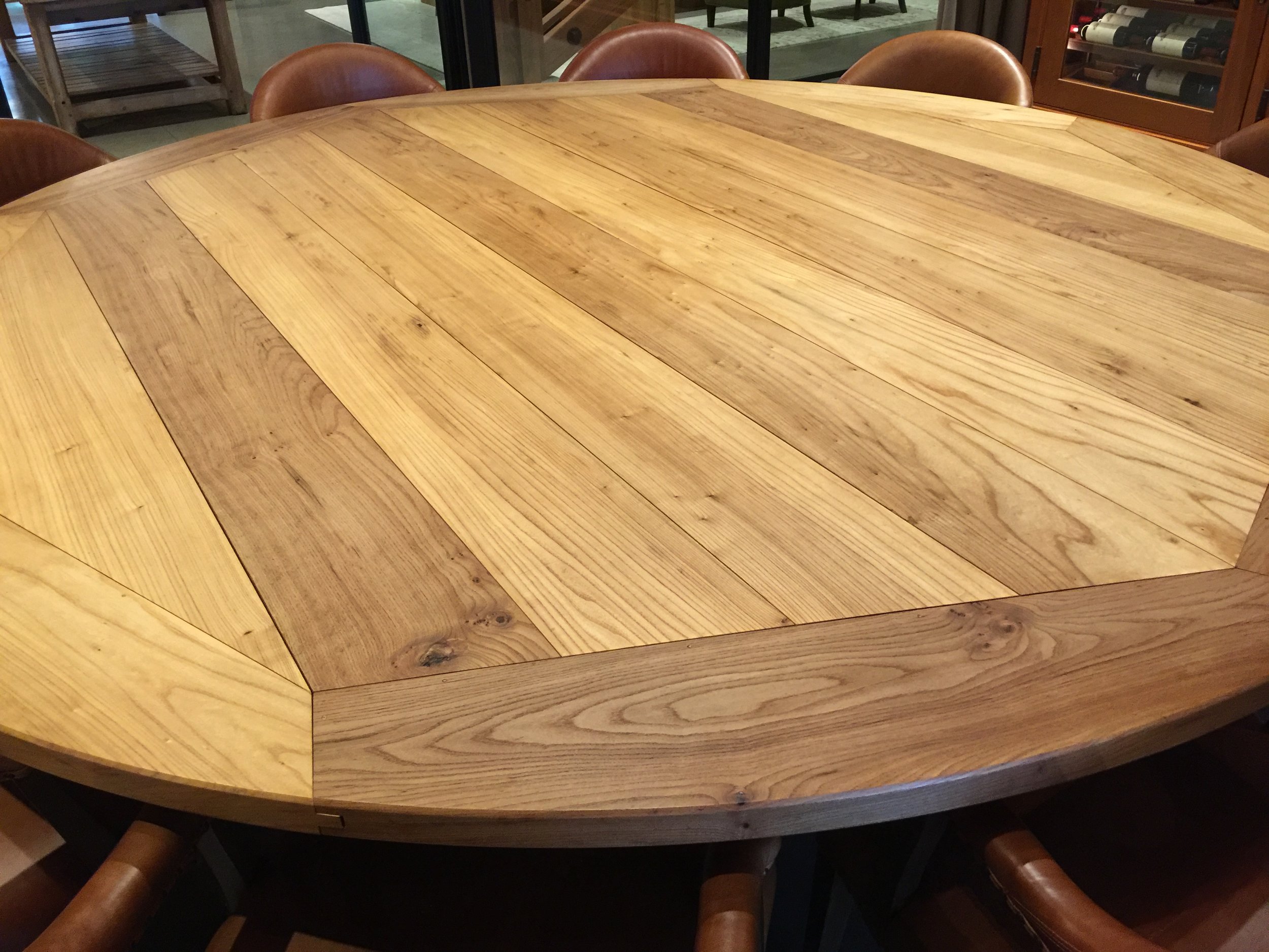 Close-up of the custom table made of reclaimed elm wood.