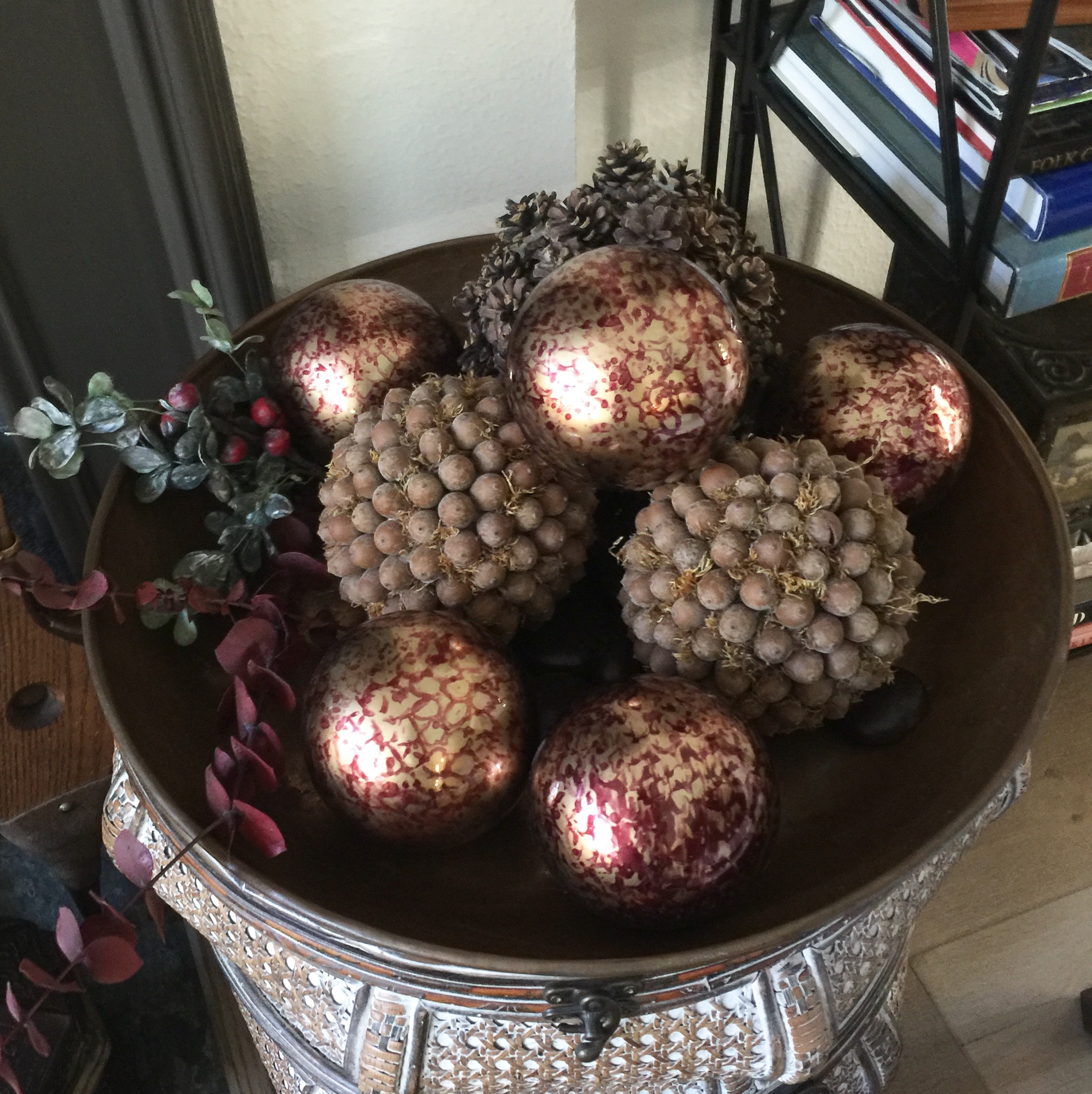 Ornaments and acorn balls in bowl- holiday decor
