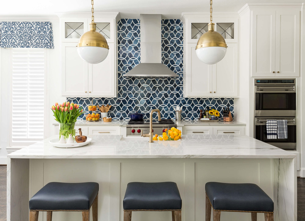 Family Room Makeover, White Kitchen With Blue Glass Tile Backsplash