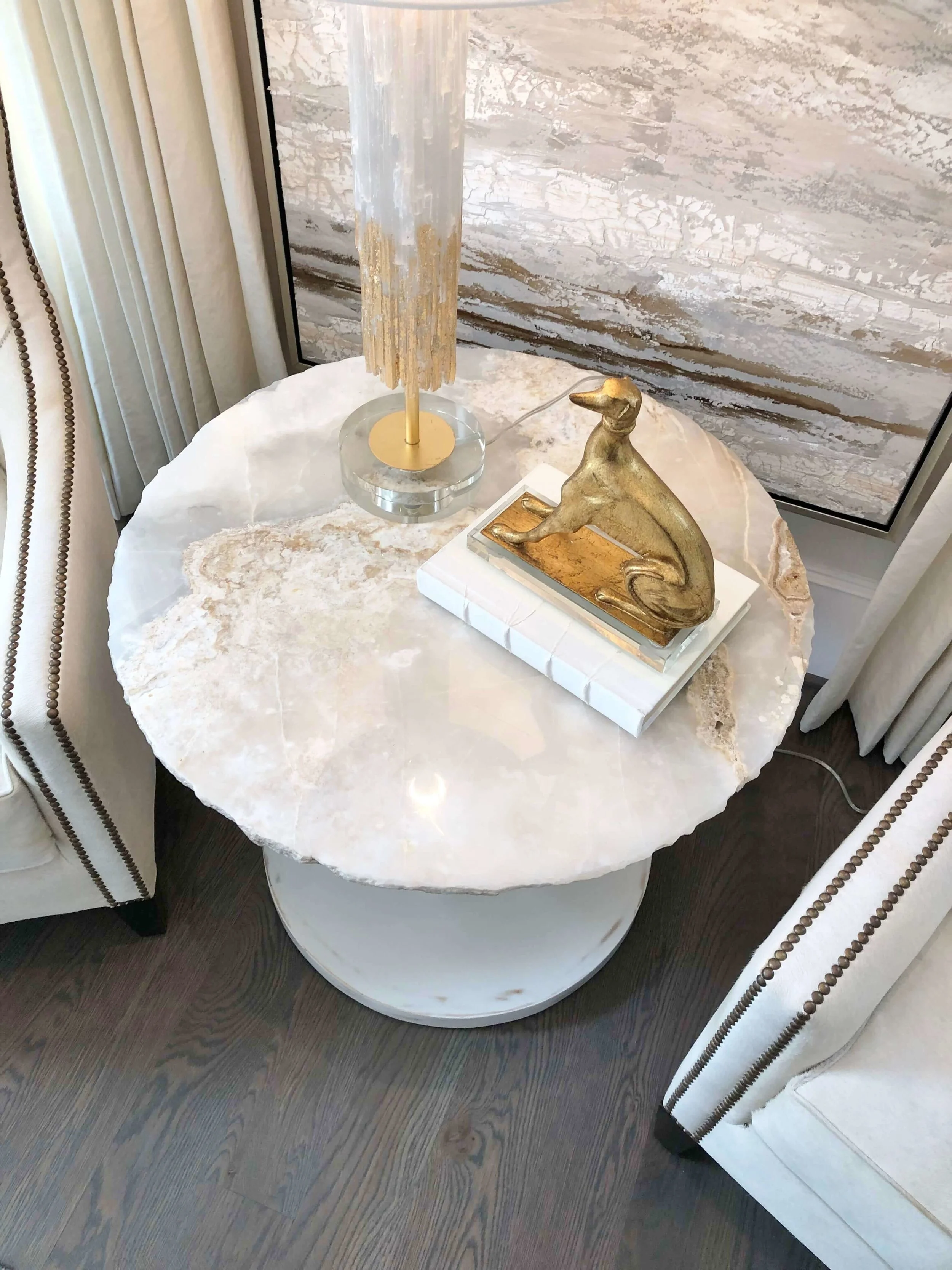 Love the marble and gilded touches in this luxurious master bedroom designed by Teena Caldwell of Twenty-Two Fifty Interiors. | ASID River Oaks Showhouse #masterbedroom #bedroomdesign #marbletoptable