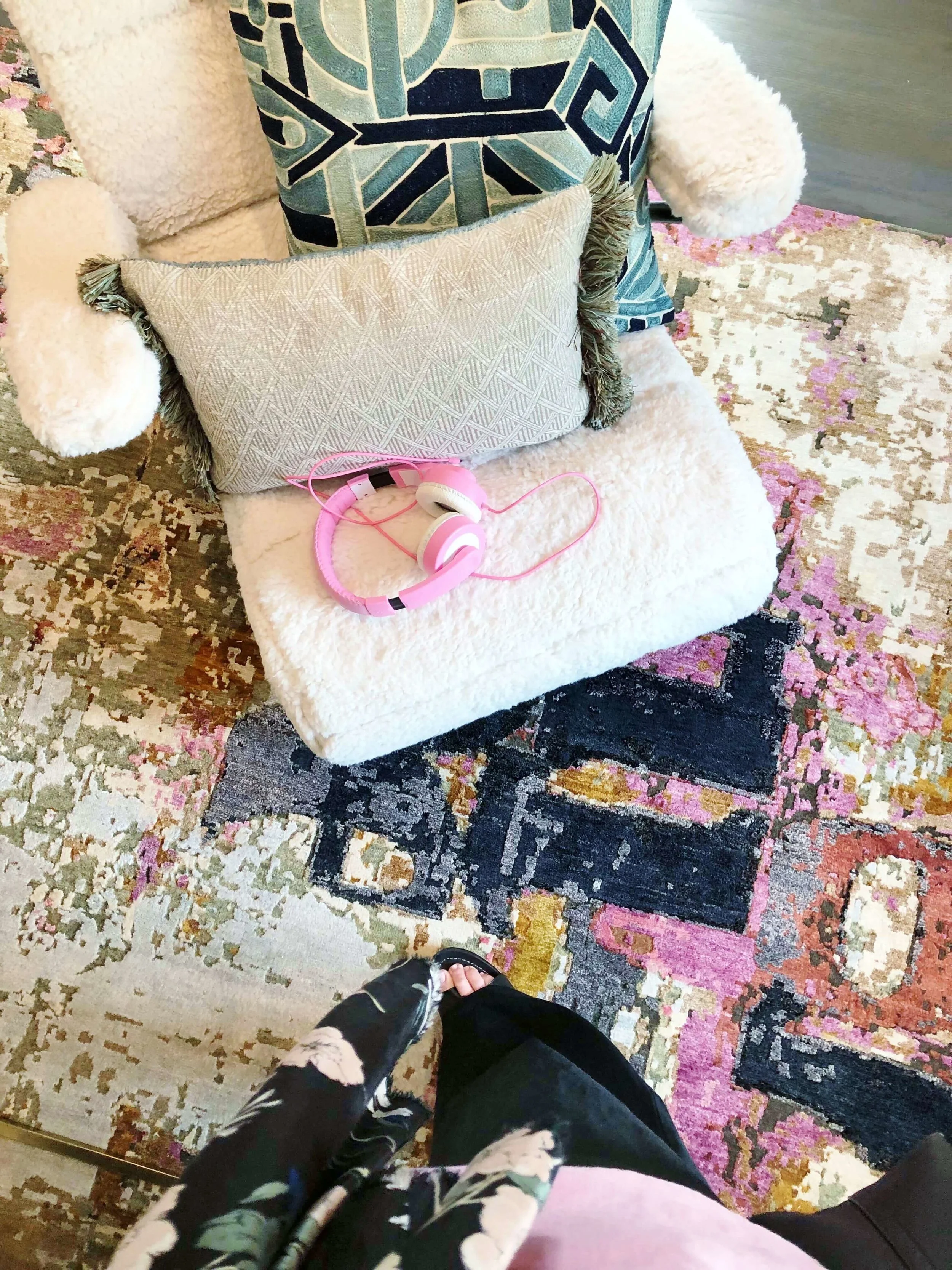 The colorful rug and gaming chair fill out this great game room designed by Cristina Robinson. | ASID River Oaks Showhouse #gameroom #gameroomideas