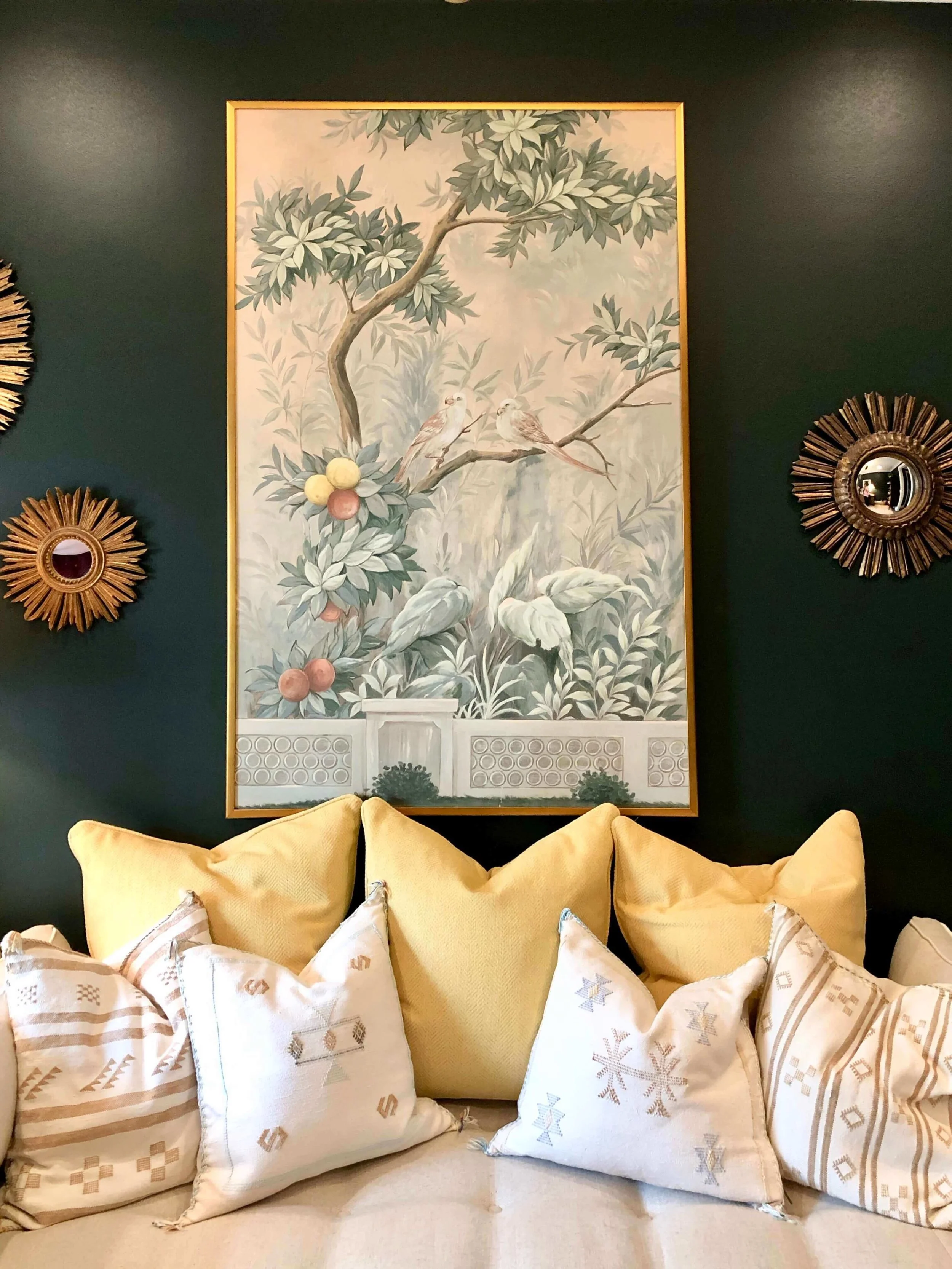 A gorgeous Farrow and Ball paint color makes the perfect backdrop for a framed piece of Gracie wallpaper in Jennifer Barron&acirc;s bedroom in the ASID River Oaks Showhouse #graciewallpaper #farrowandball #daybed #bedroomideas