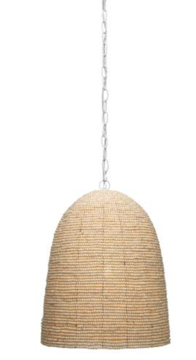Strings of beads made from mango wood create the textural shade of this pendant from Jamie Young.