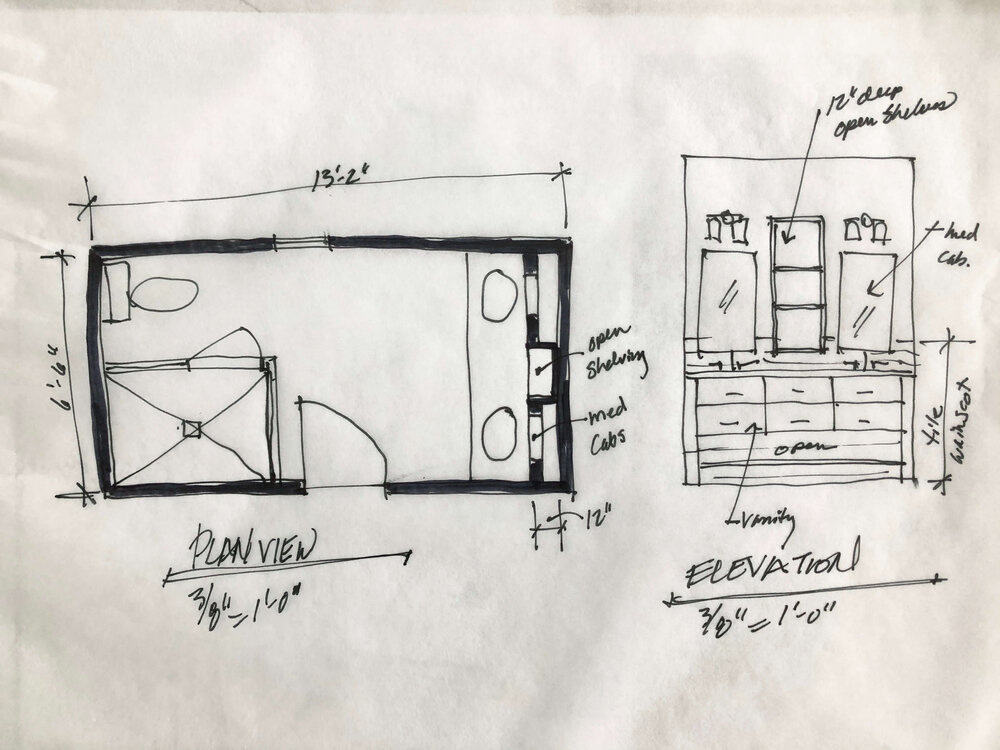 Design sketch showing bathroom vanity, tile wainscot, and storage above the vanity. From my Designed in a Click email interior design QandA service. | carlaaston.com