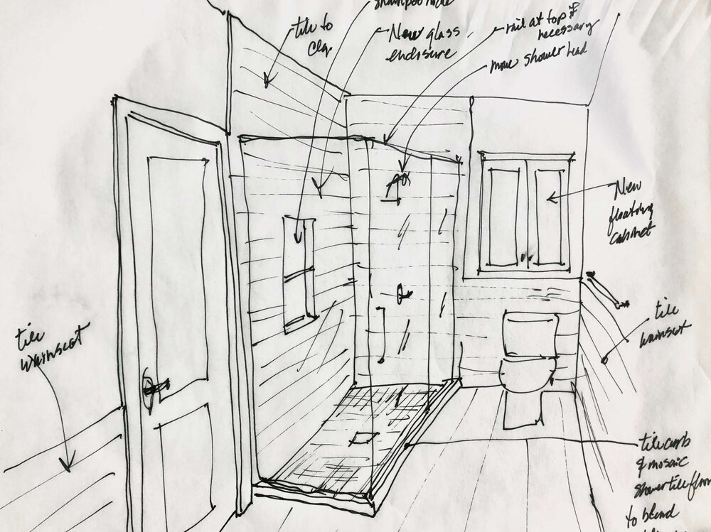 Design sketch showing open shower look, tile wainscot, and floating cabinet above the toilet. From my Designed in a Click email interior design QandA service. | carlaaston.com