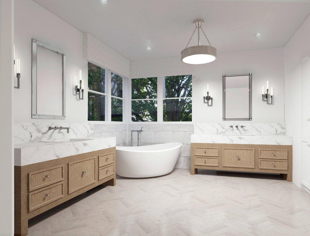 Rendering  - Primary Bath View of white marble bathroom with wood cabinetry and free standing tub.  Designer - Carla Aston, Rendering - Shebin Poothray