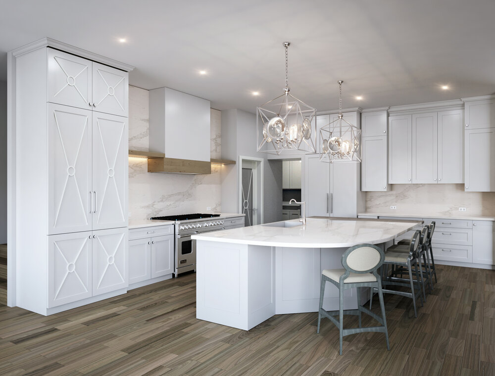 Rendering  -  White kitchen designed with marble slab backsplash and wood shelves.  Designer - Carla Aston, Rendering - Shebin Poothray