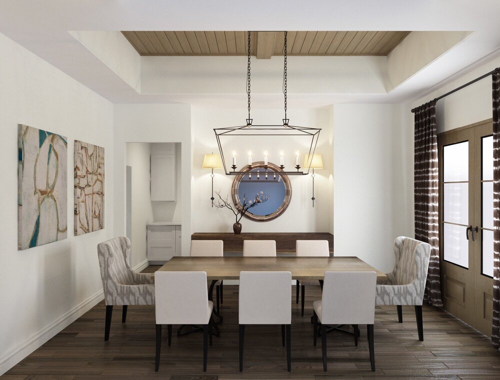Rendering  - Dining room with wood ceiling, new French doors and flooring.  Designer - Carla Aston, Rendering - Shebin Poothray