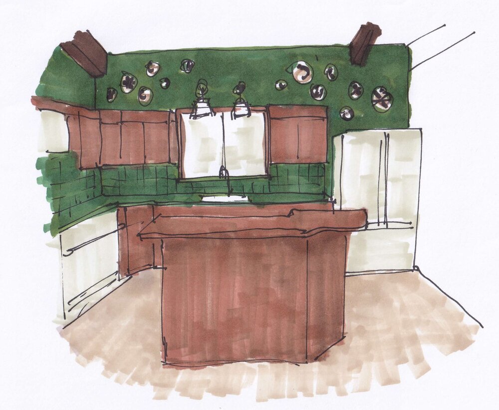 The backsplash would pick up on the green of the countertops, then the back wall paint color would match the tile. This will make the cabinets feel richer and more intentional to the design.   carlaaston.com