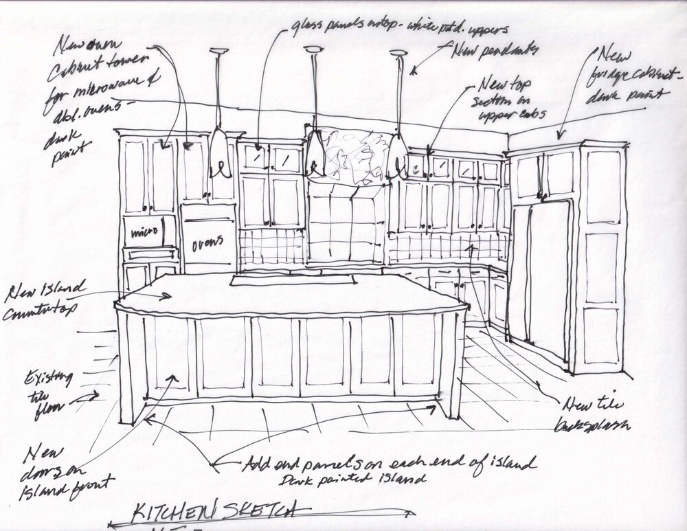 Design plan sketch showing new cabinetry additions. carlaaston.com