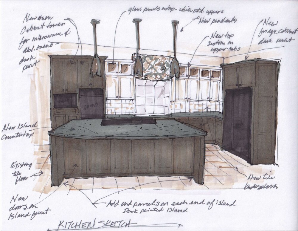 New design plan sketch with color to show placement of lights and darks in the room. carlaaston.com