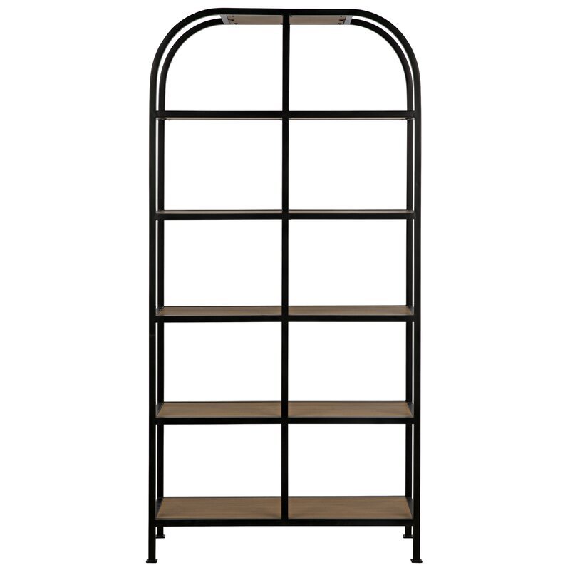 Black and wood arched top bookshelf etagere