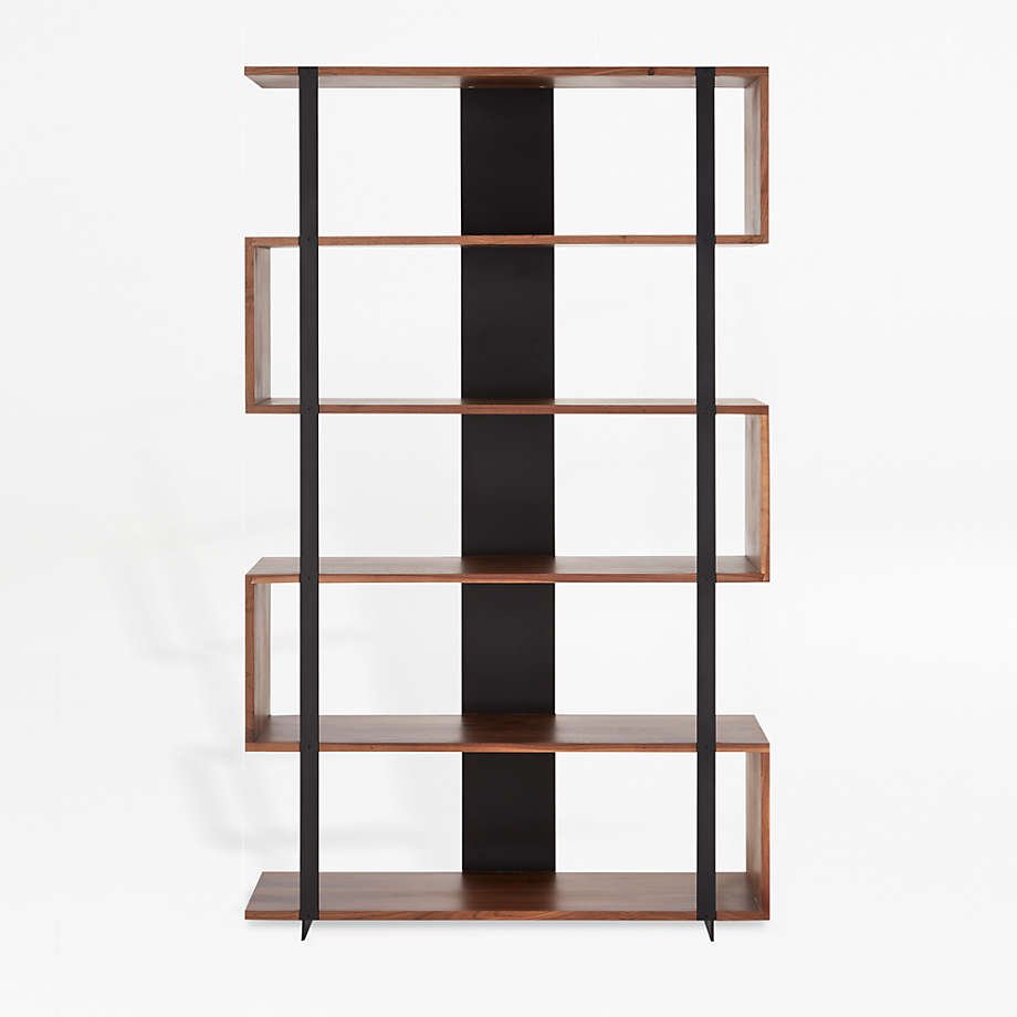 wood and black bookshelf etagere