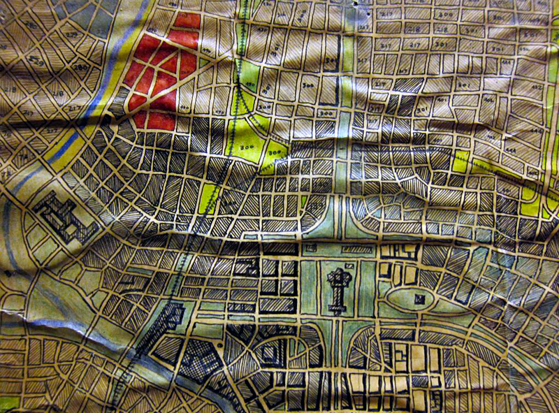 The original map was mounted and preserved on cardboard about 40 years ago. It is now yellowed, but still fascinating in its complexity.