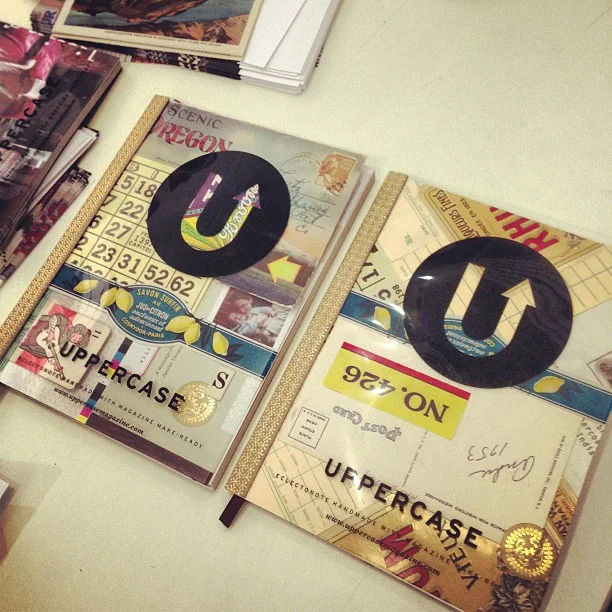 Finished Eclecto notebooks made with magazine makeready, lined paper that I designed and customized with ephemera.