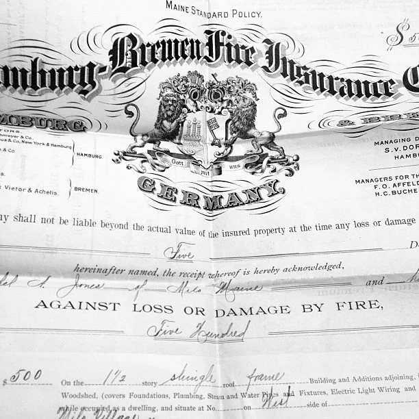 Fire insurance for $500 and $6 deductible on a 1.5 story shingle roof. No lightning coverage. 1904.