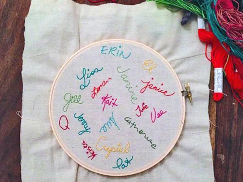 Signatures from participants in our Embroidery Bee embroidered by Janine.