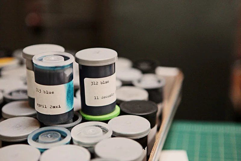 Brad saves ink samples in old film cannisters, with typewritten labels of course.