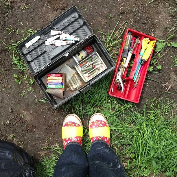 Art supplies leftover from college. Most will be fine except for the chalk pastels. (Duct tape on my rubber shoes to cover some holes.)