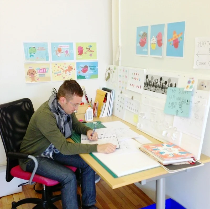 Aaron Leighton sketching characters for forthcoming Sago Sago apps.