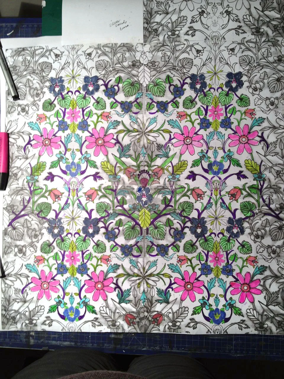 I then photocopied several of these and coloured them in to get and idea of how colour would work in the repeat.