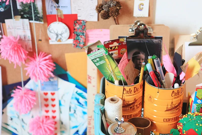 Props, projects and necessary tools of the creative and crafty trade.