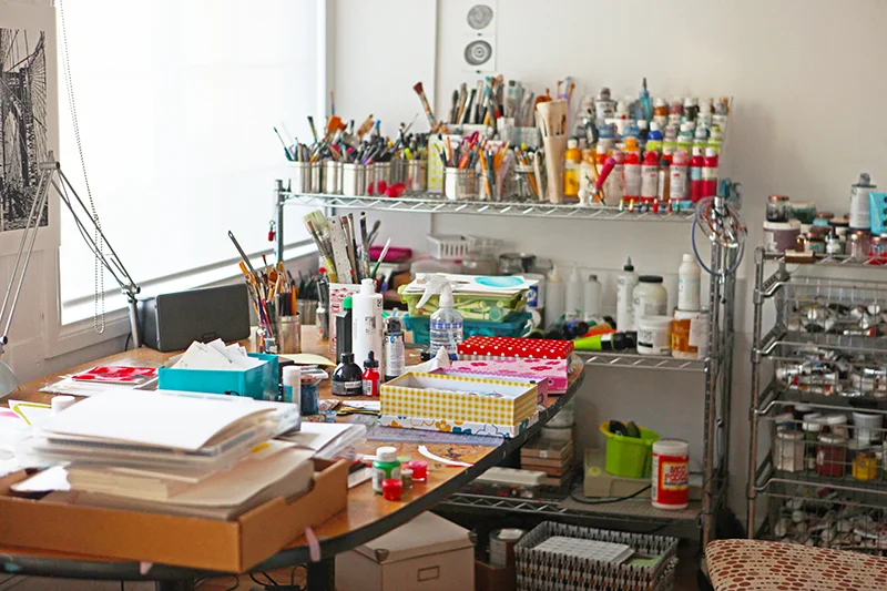 Annie's painting area, nestled on the second floor overlooking the shop.