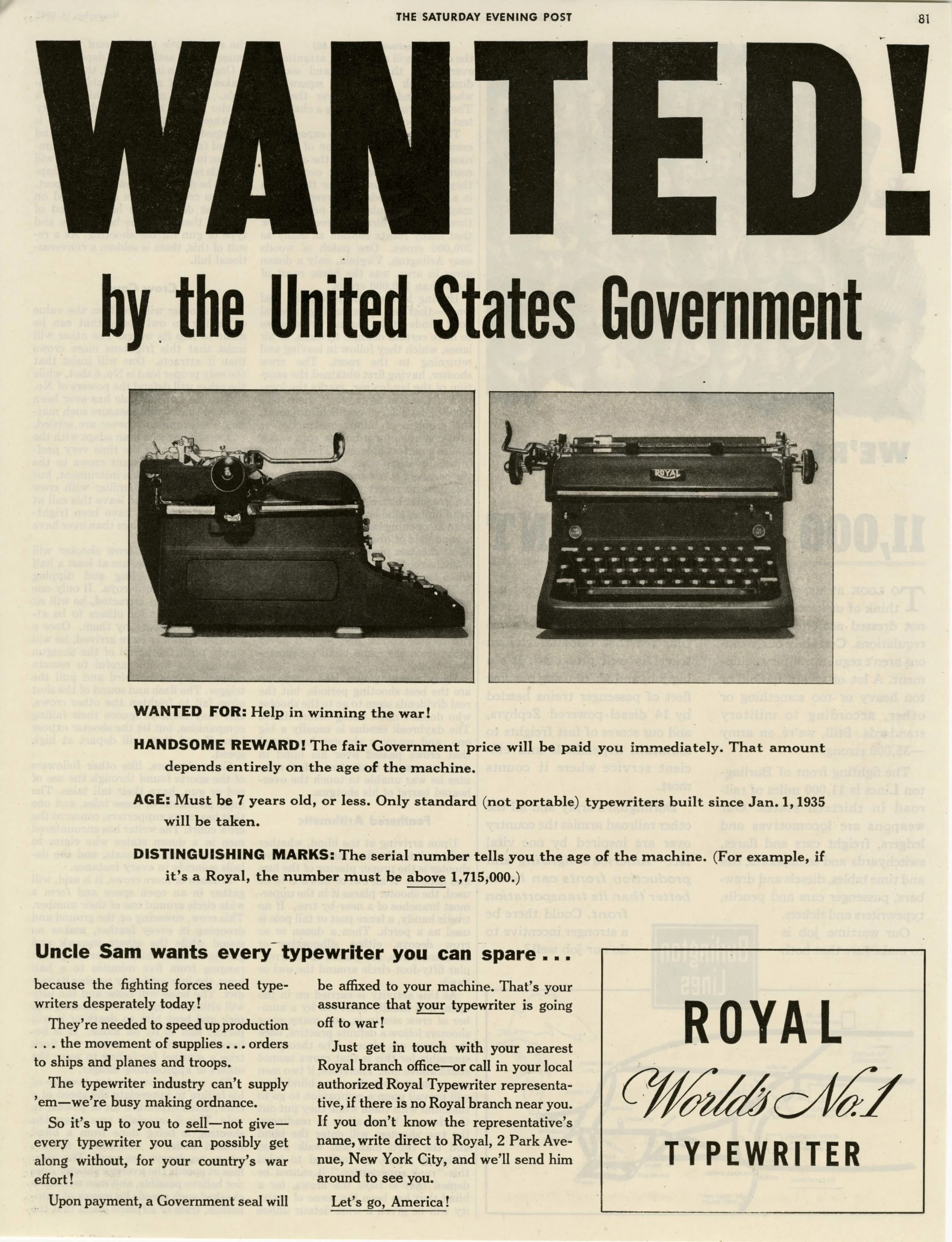 Uncle Sam wants every typewriter you can spare.