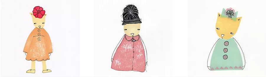 A combination of mono print and ink illustration, pieces in the Menagerie collection are created with archival inks from handcut stamps and detailed with pen and ink. Image sizes are approximately 3x5 inches.